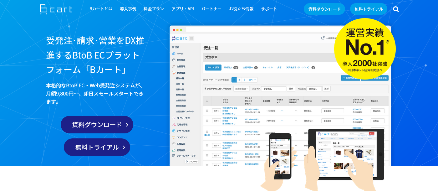 Bカートの製品トップページ画面